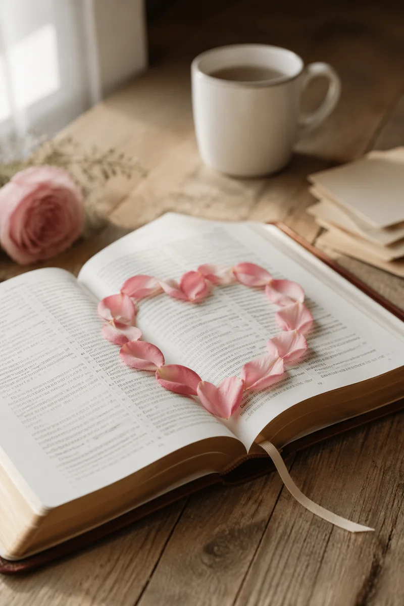 Valentines Day Bible with Rose Petal Heart