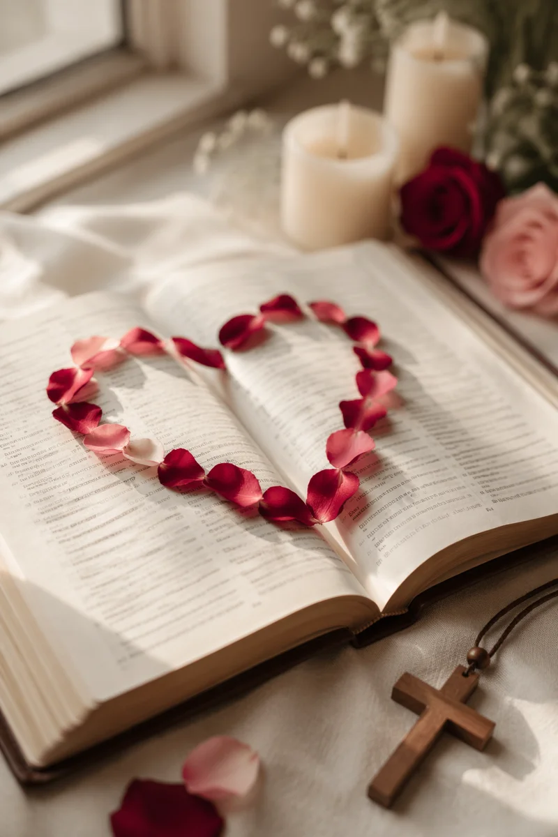 Valentine Heart Petals on Open Bible