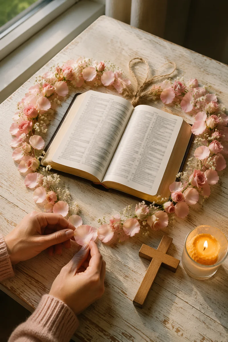 Open Bible with Heart Petal Wreath