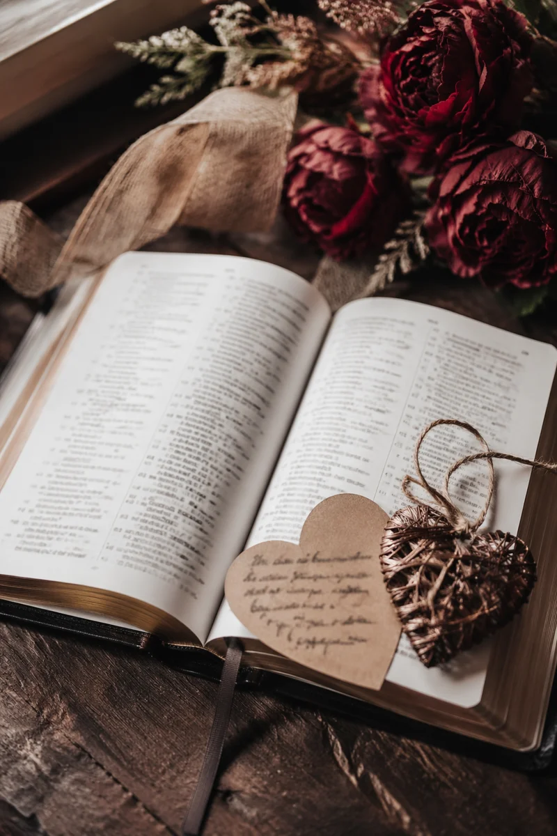 Open Bible with Heart Note Flat Lay