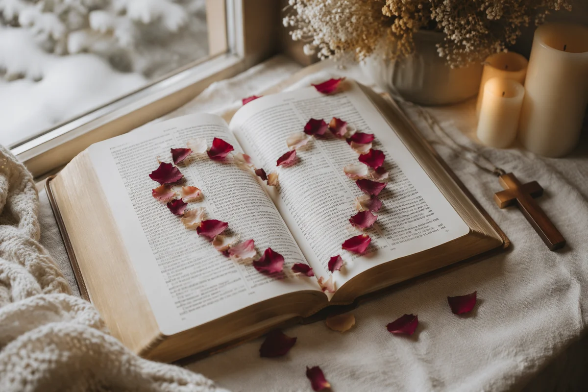 Valentine Heart Petals on Open Bible
