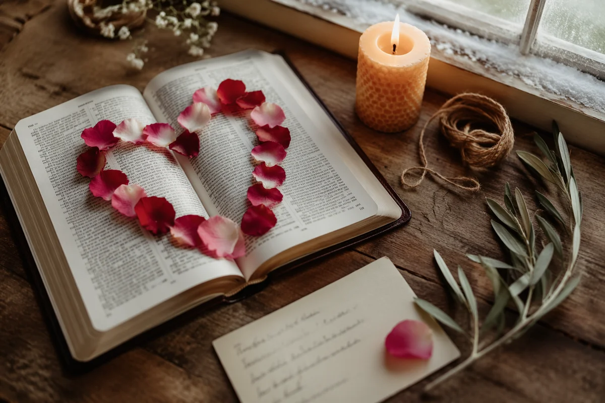 Rose Petal Heart on Open Bible