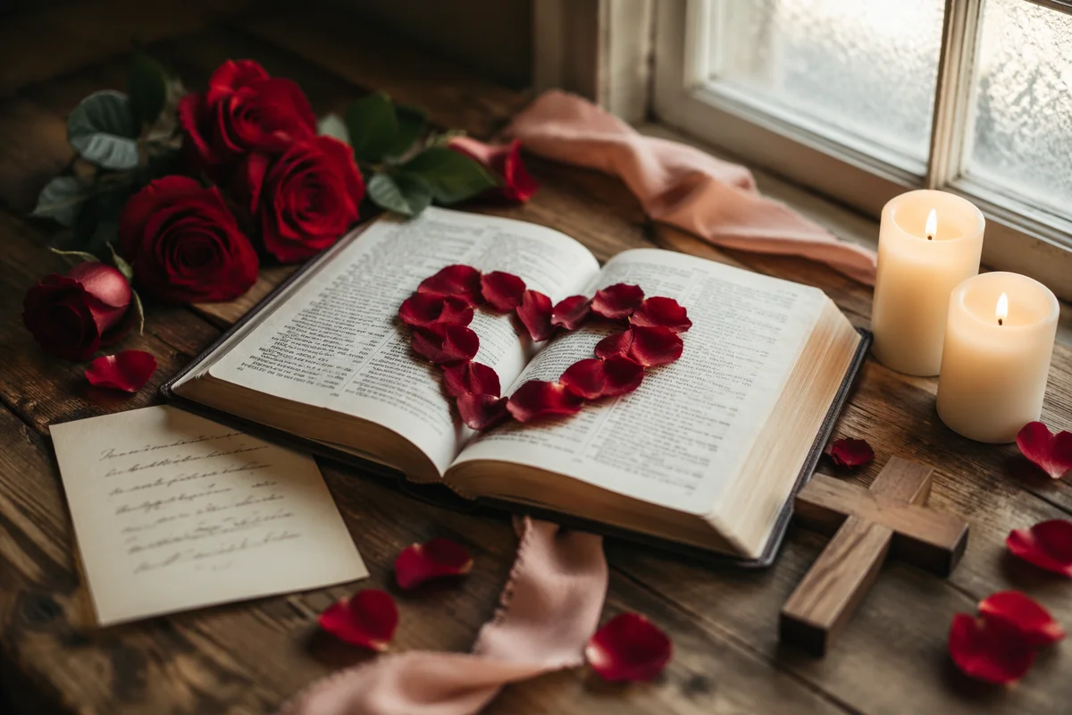 Heart Shaped Rose Petals on Bible