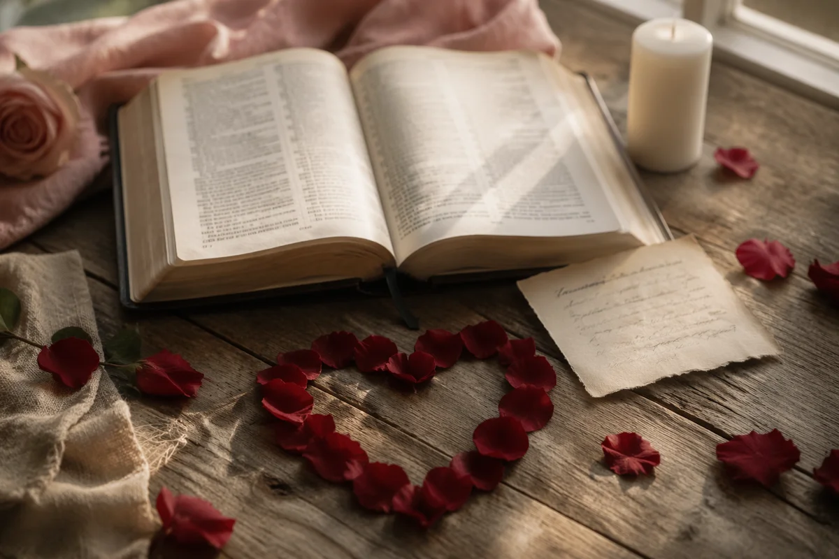 Heart Shaped Rose Petals Beside Open Bible