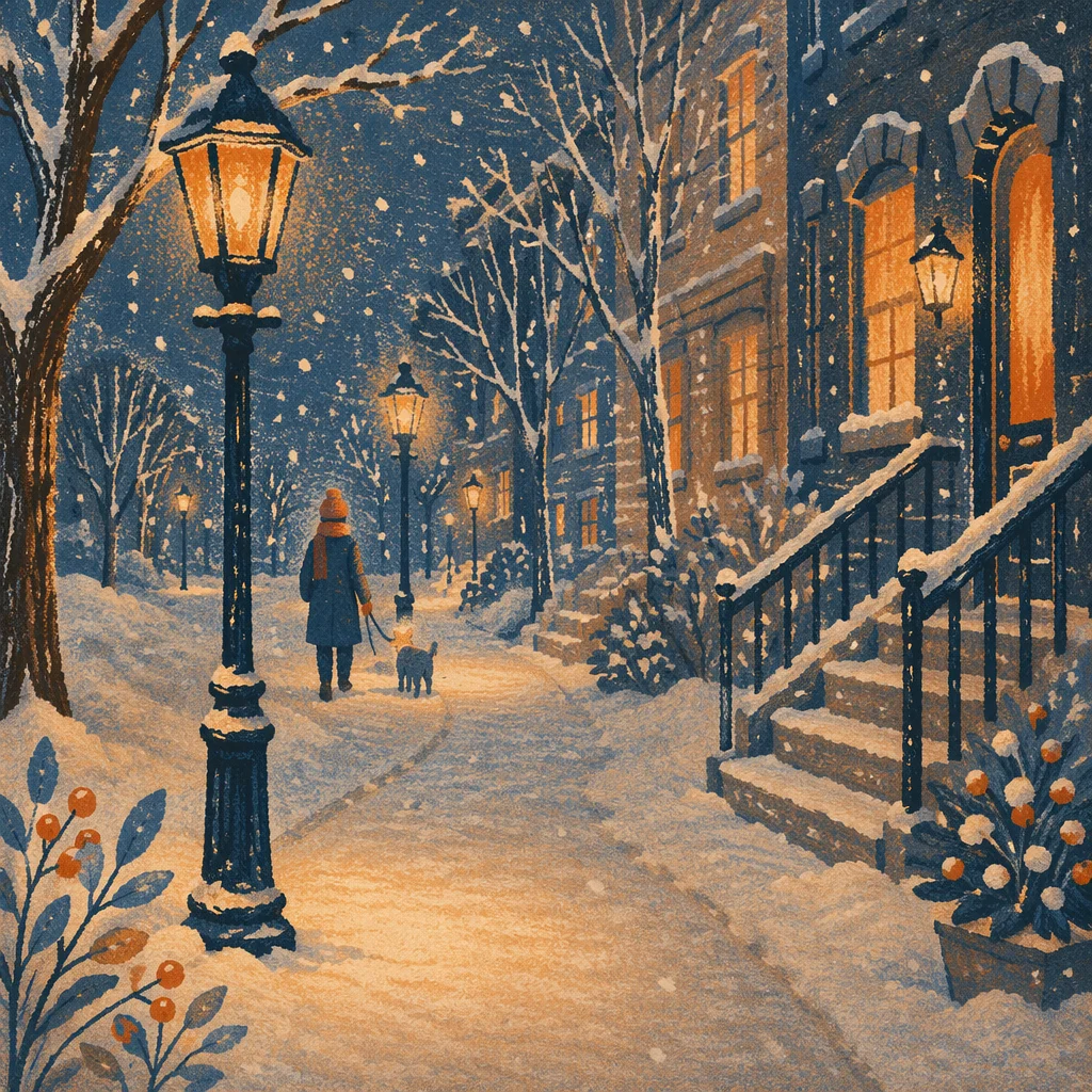 Cozy Winter Street Lamps at Dusk