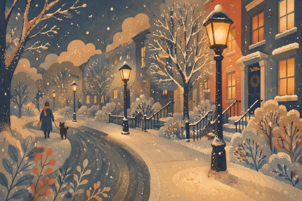 Cozy Winter Street Lamps at Evening