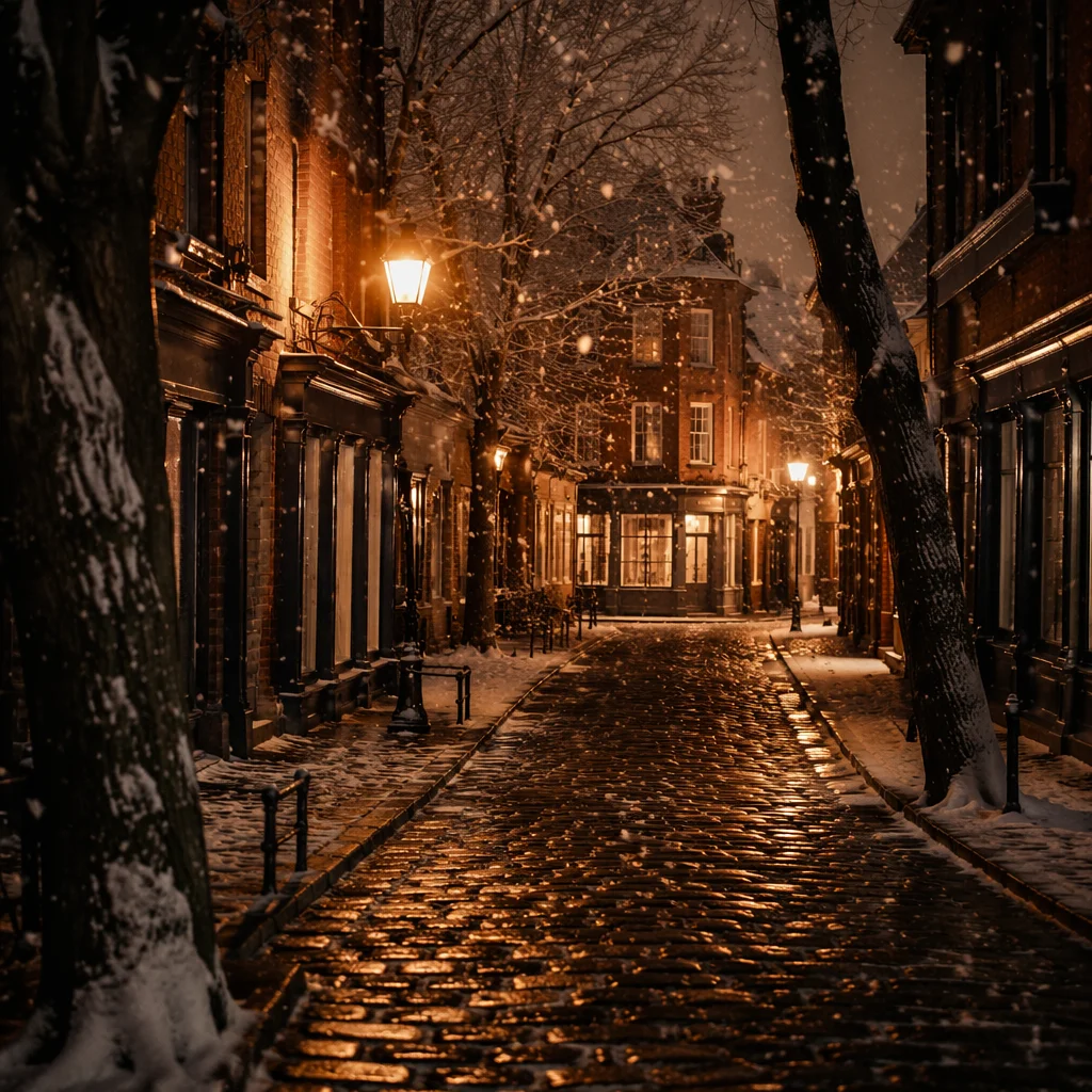 Cozy Winter Street Lamps at Dusk