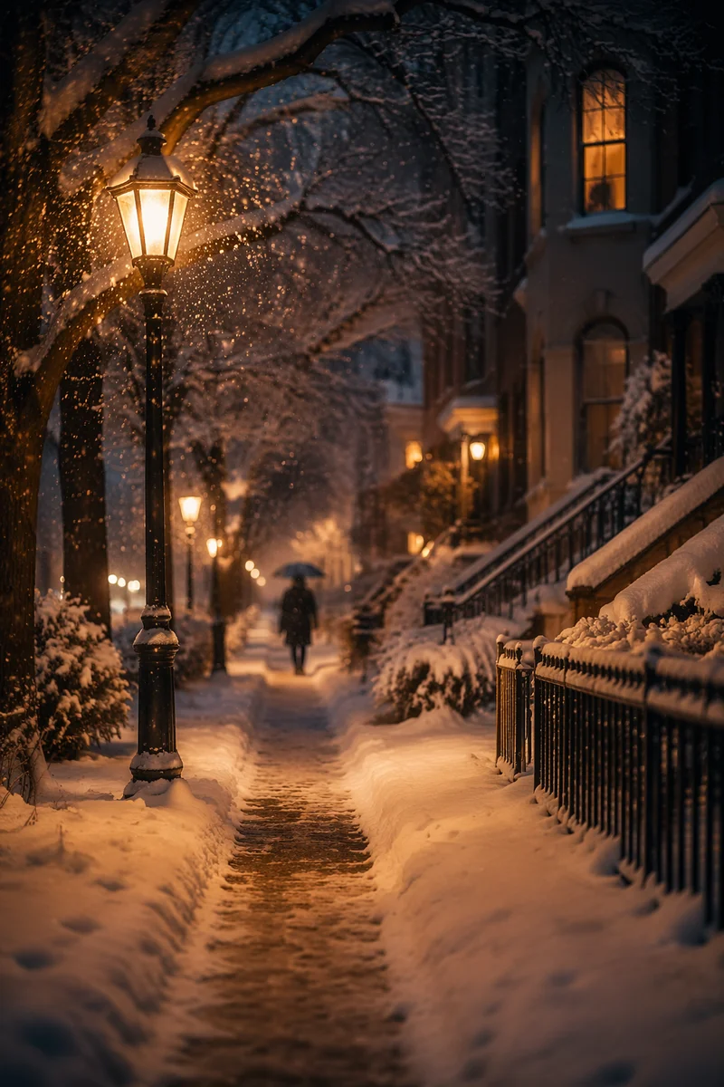 Cozy Winter Street Lamps at Snowfall