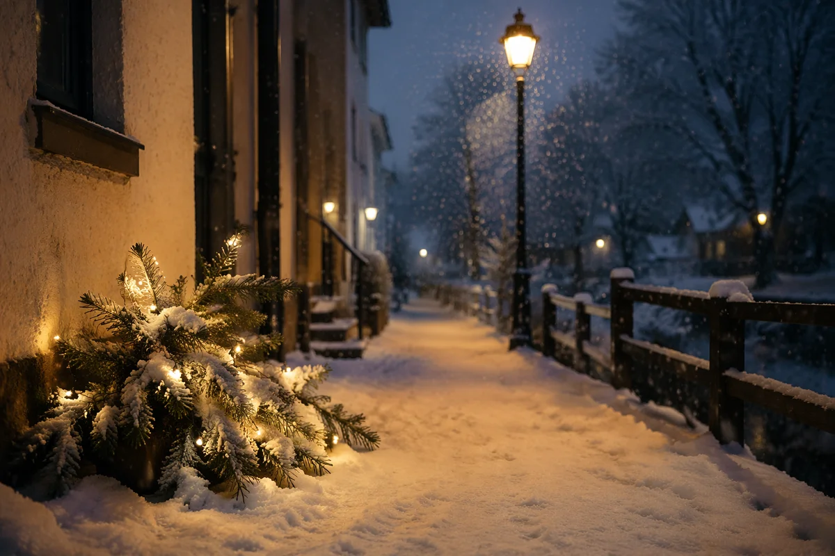 Cozy Winter Snowfall Street Lamp Evening
