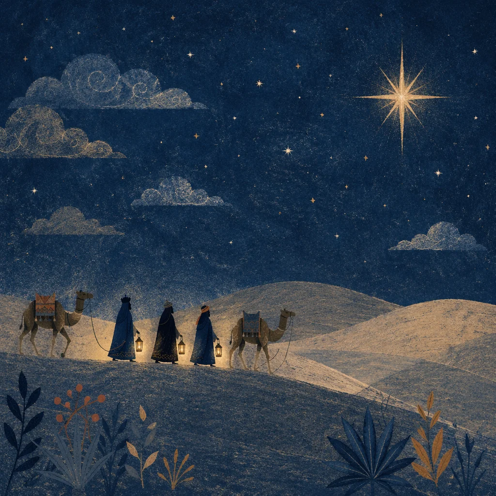 Wise Men Following Star Across Desert