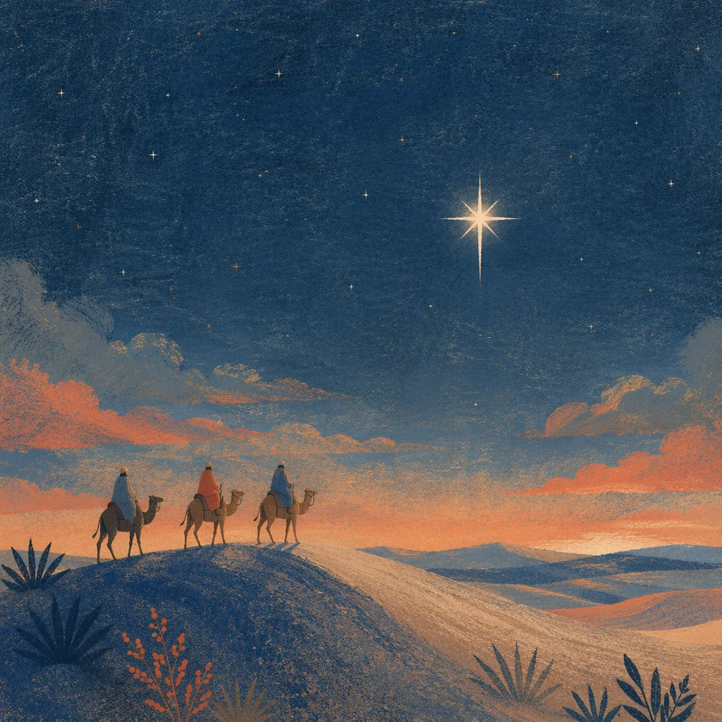 Wise Men Crossing Desert Toward Christmas Star