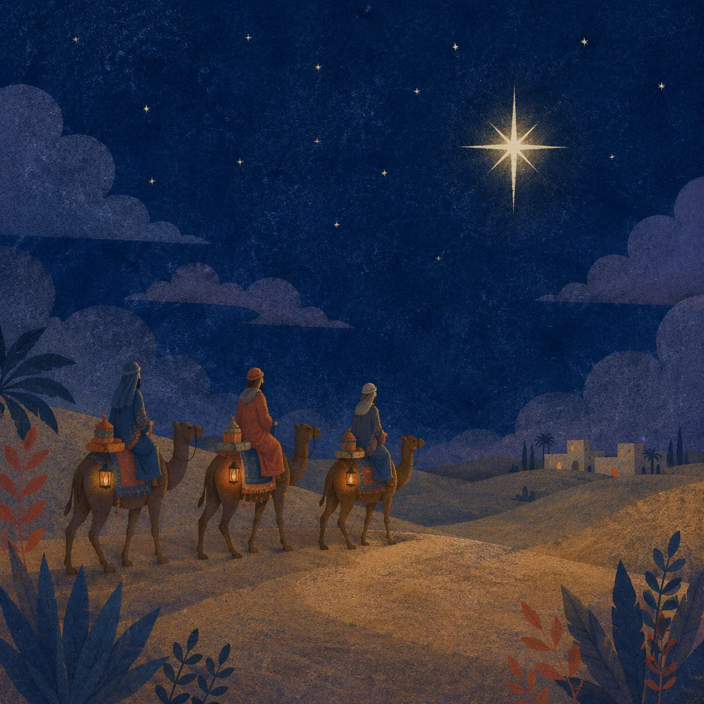 Wise Men Crossing Desert Under Christmas Star