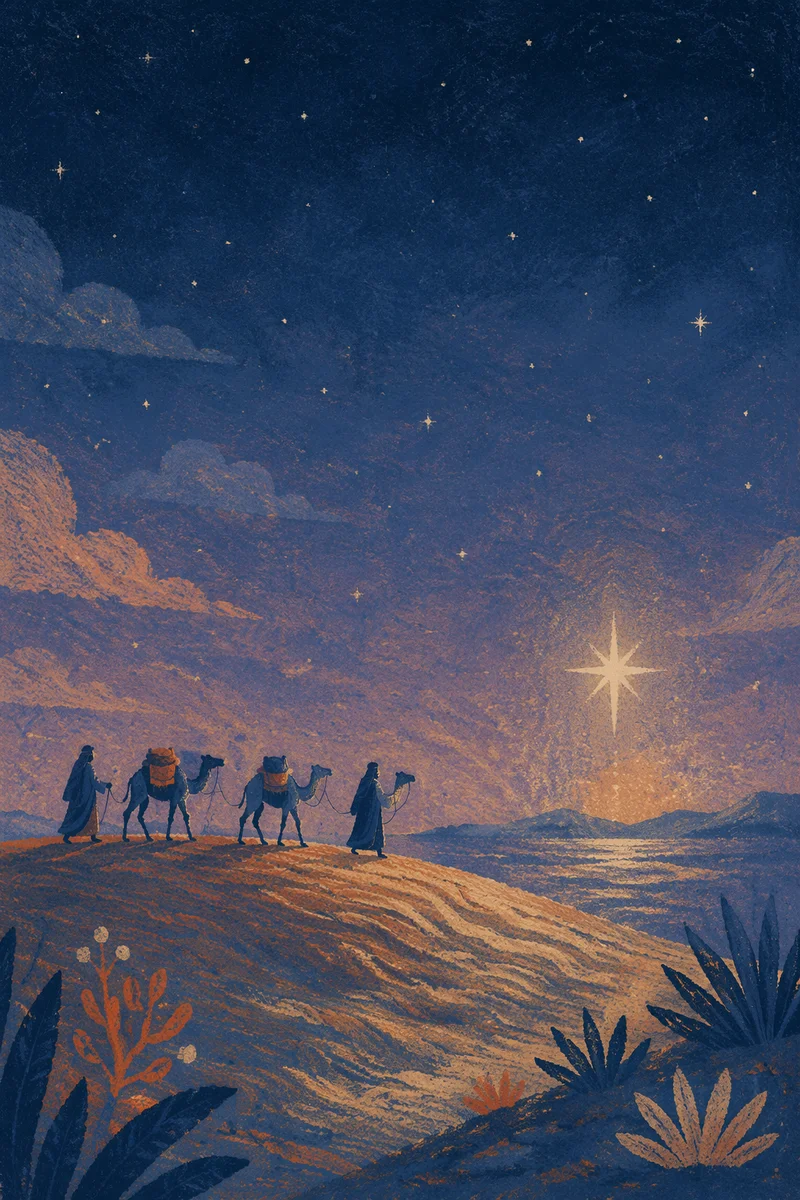 Wise Men Crossing Desert Under Advent Star