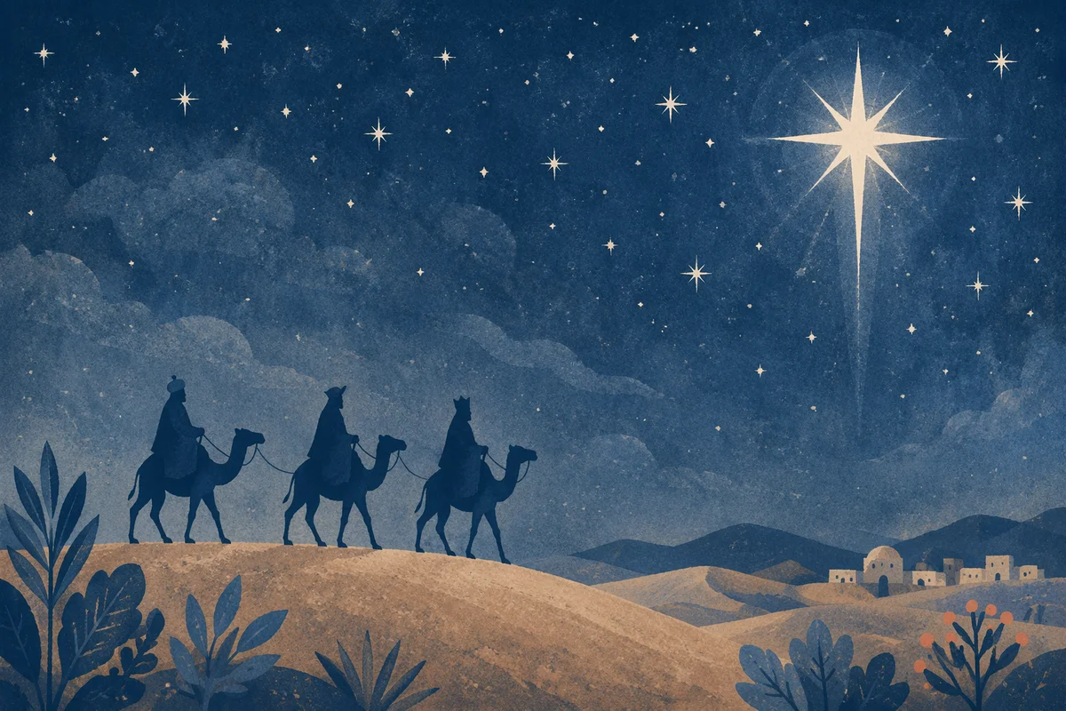 Wise Men Caravan Beneath Radiant Desert Star