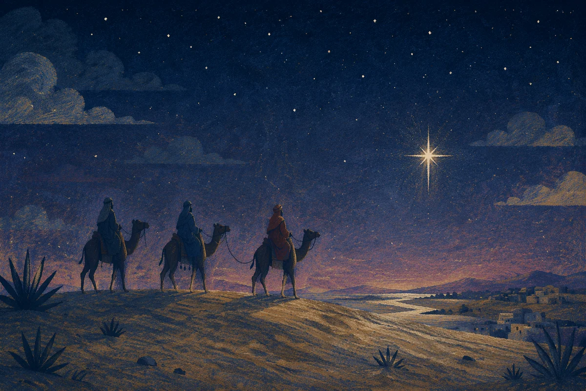 Wise Men Follow Desert Star at Dusk