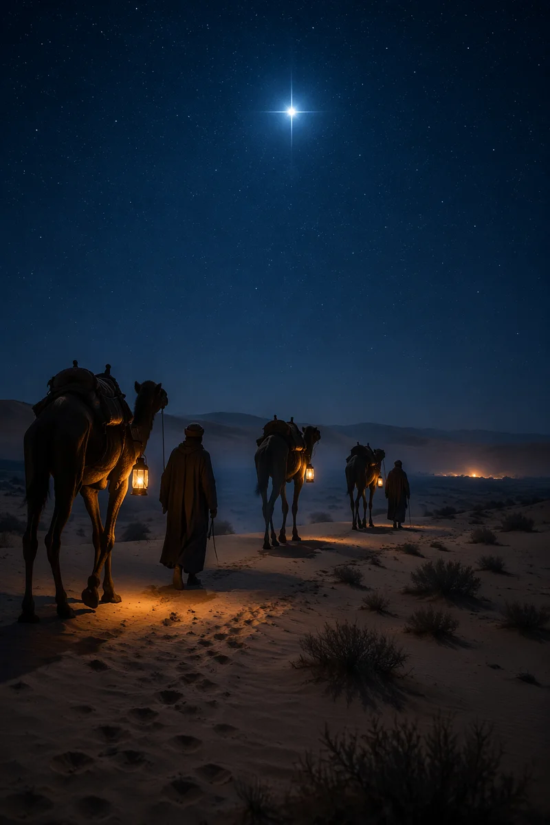 Wise Men Crossing Desert Under Bright Star