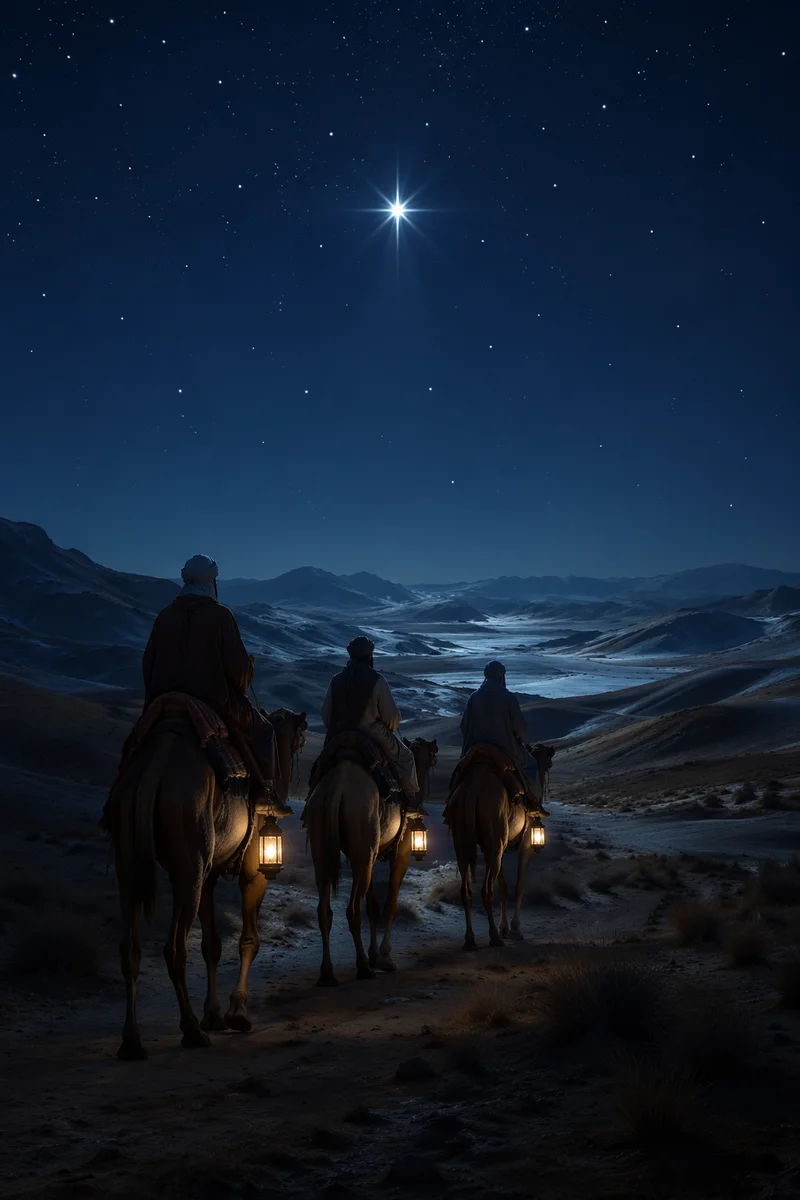 Wise Men Crossing Desert Beneath Christmas Star