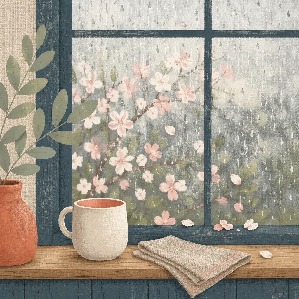 April Rain on Window with Blossoms