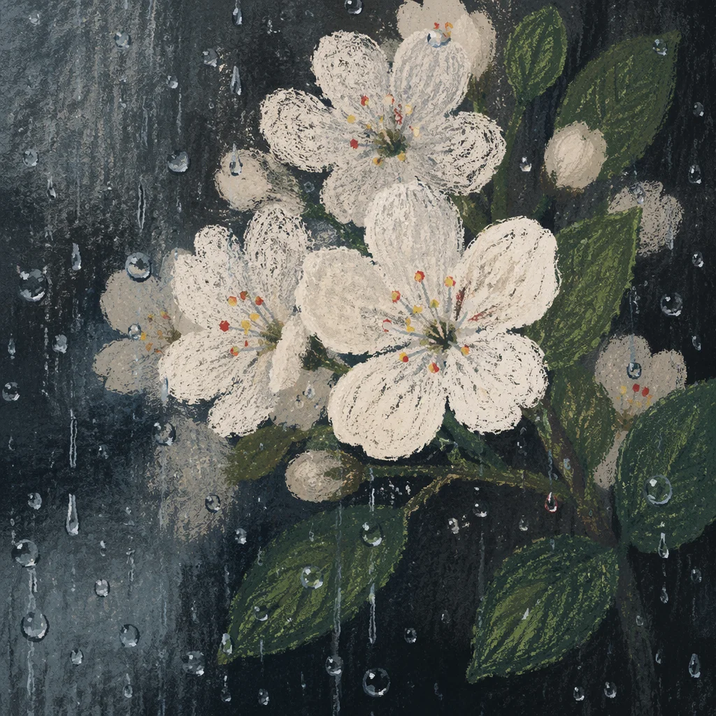 Spring Blossoms by Rain Speckled Window