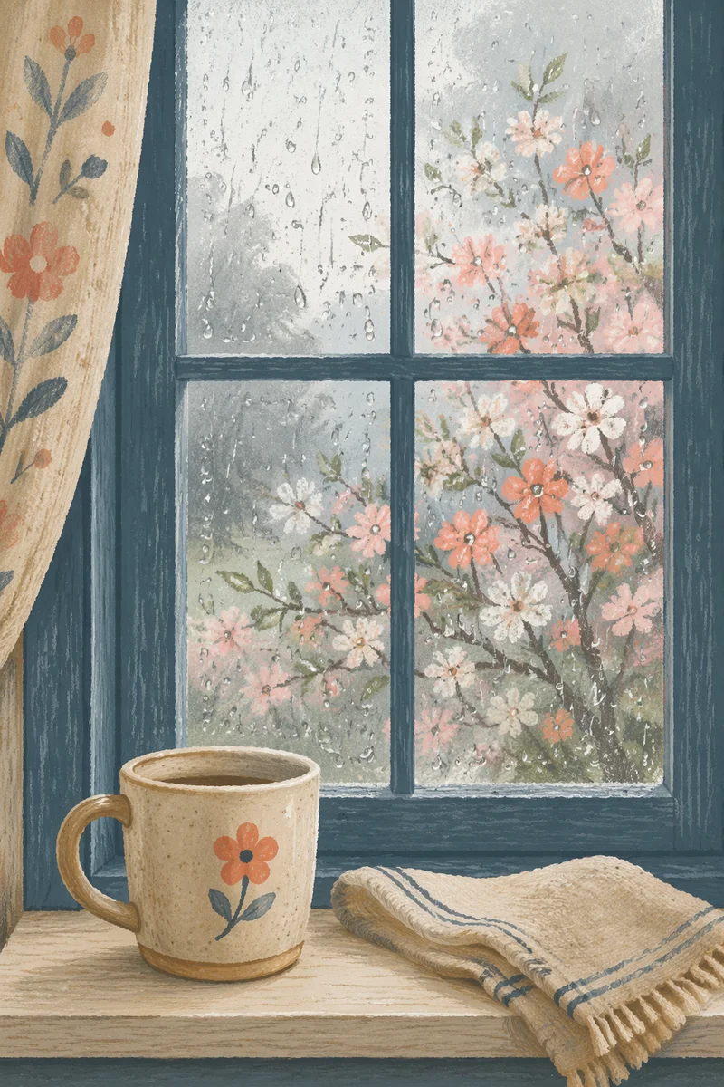 April Shower Window with Spring Blossoms