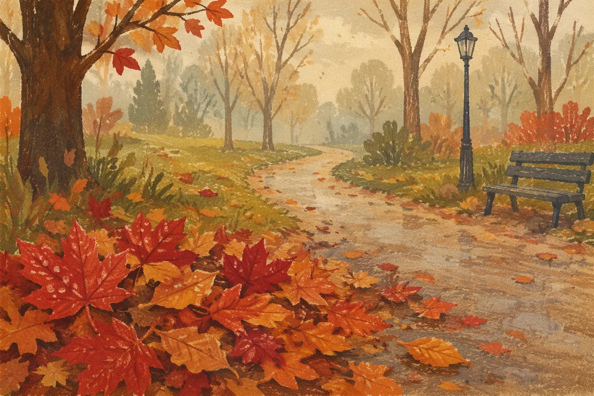 Autumn Leaves Pile on Misty Park Path