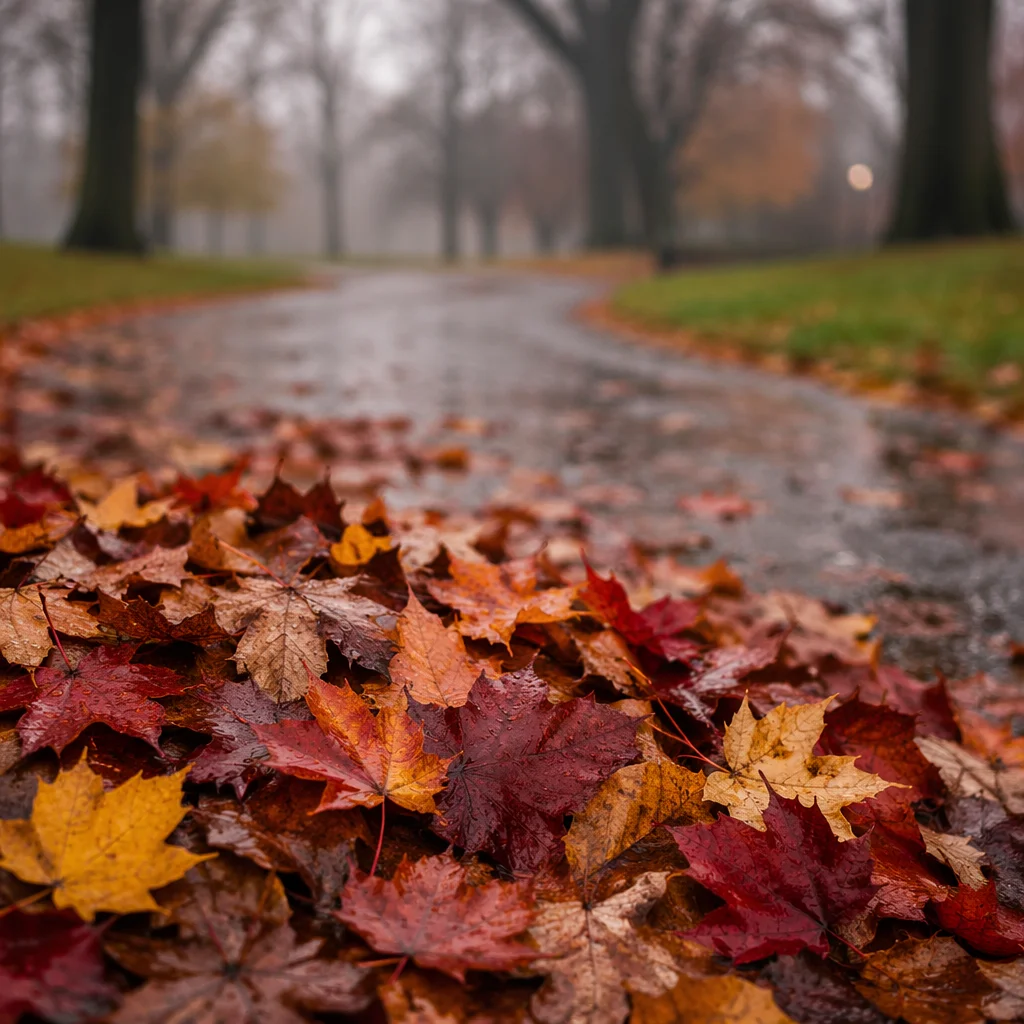 Autumn Leaves Pile on Dewy Park Path