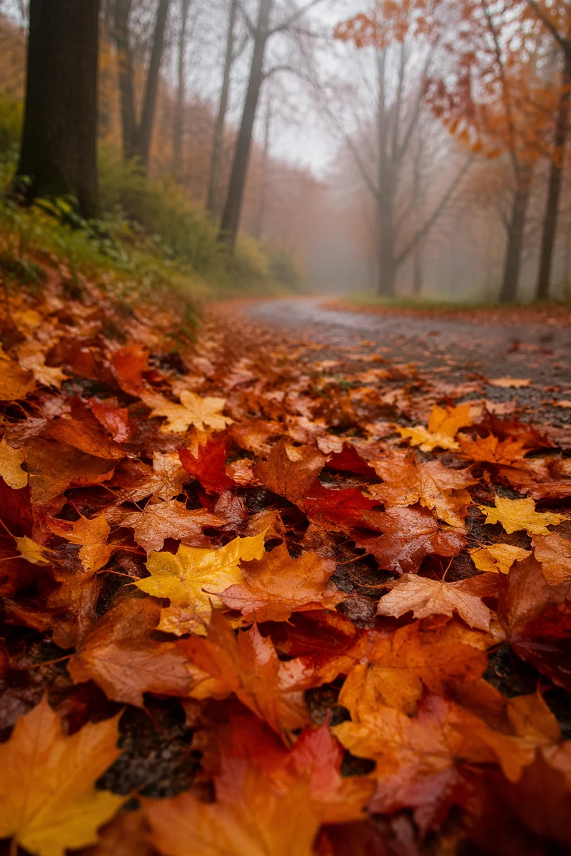 Rain-Kissed Autumn Leaves on Park Path