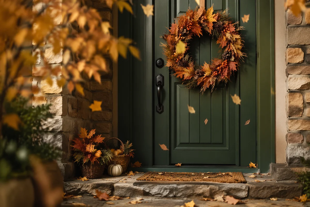 Autumn Wreath on Green Front Door