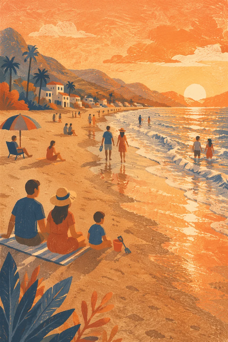 Golden Hour Beach Sunset Along Shoreline