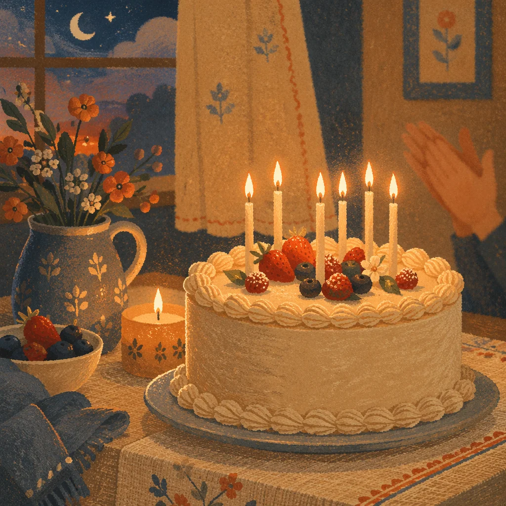 Cozy Birthday Cake with Glowing Candles