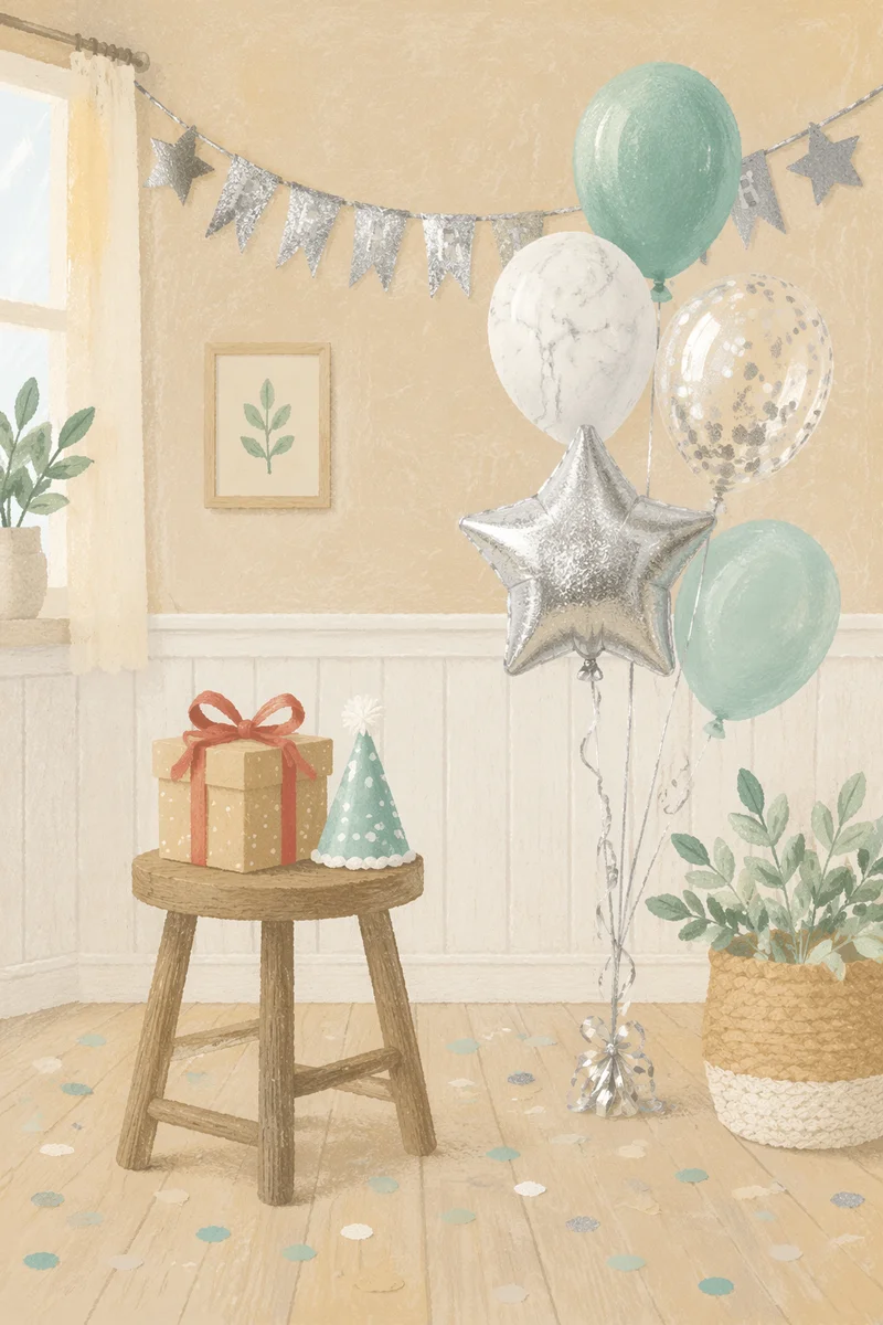 Pastel Birthday Balloons and Confetti Celebration