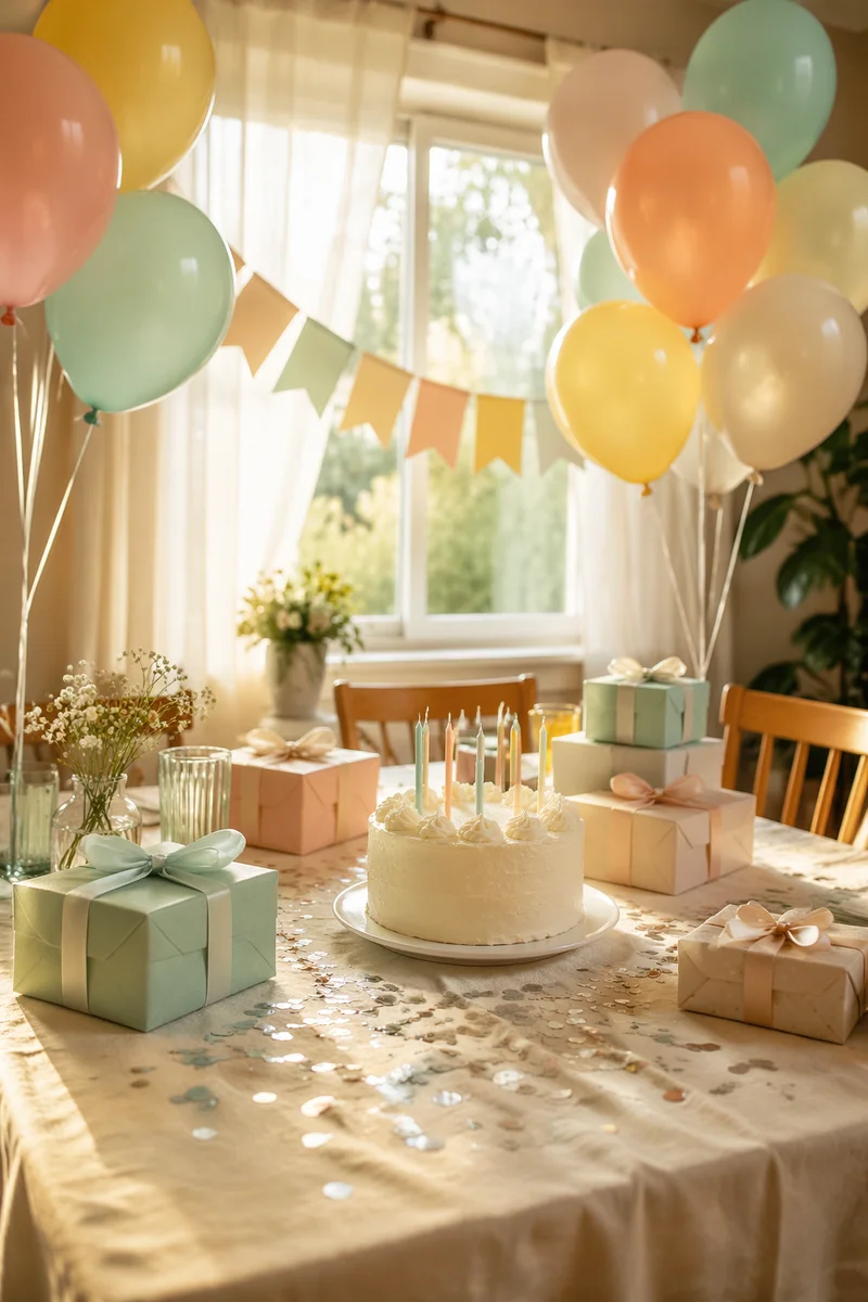 Sunlit Birthday Party Balloons and Confetti