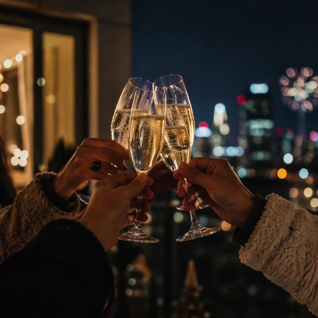 Midnight Champagne Toast on New Year Balcony