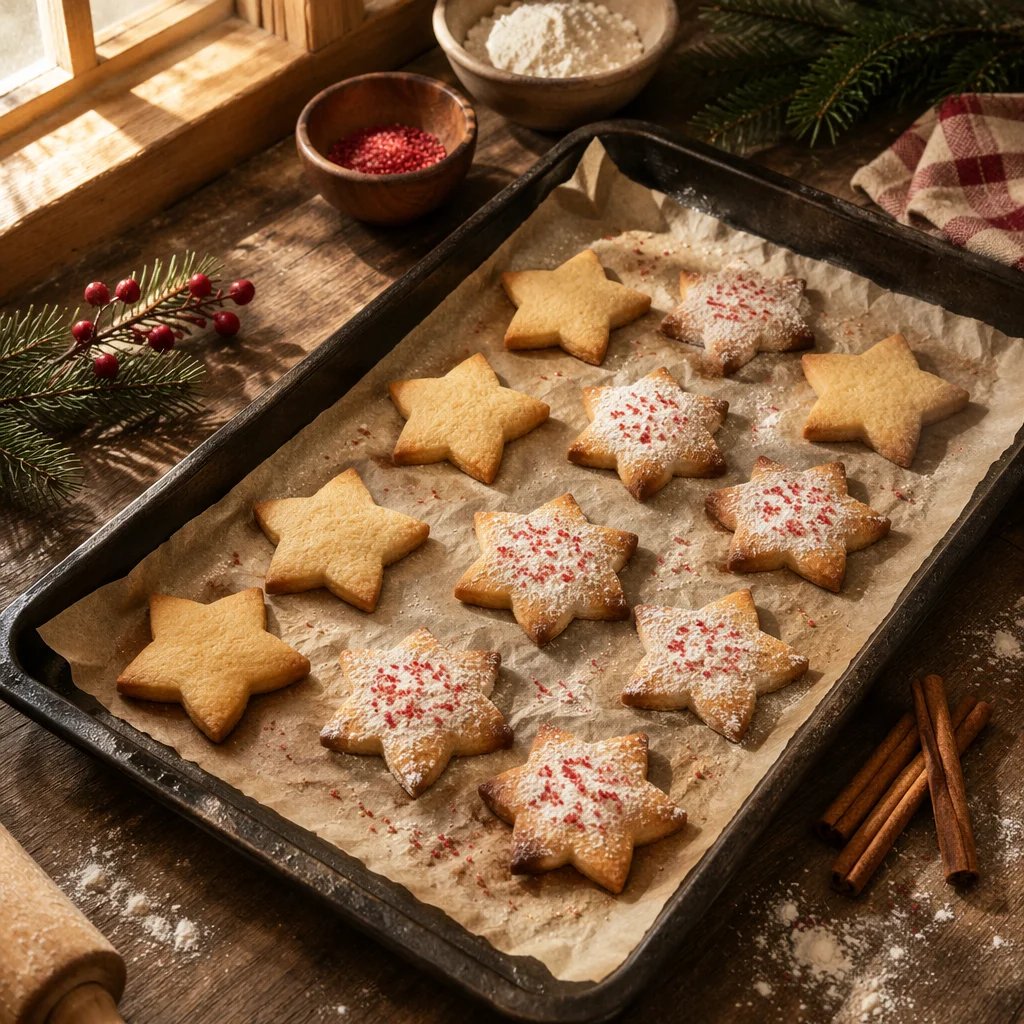Star-Shaped Christmas Cookies on Rustic Tray