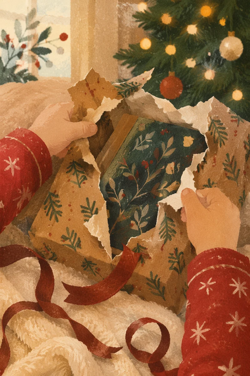 Christmas Morning Gift Unwrapping Close-Up