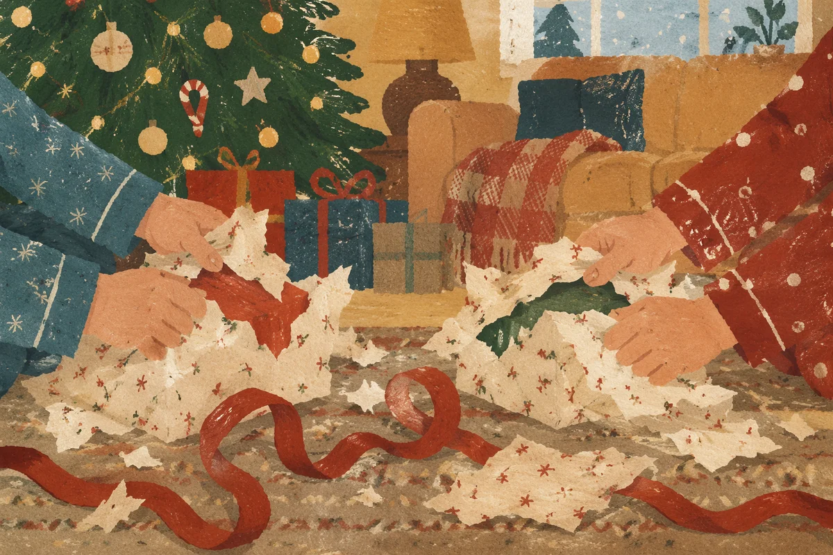 Christmas Morning Gift Unwrapping Close-Up