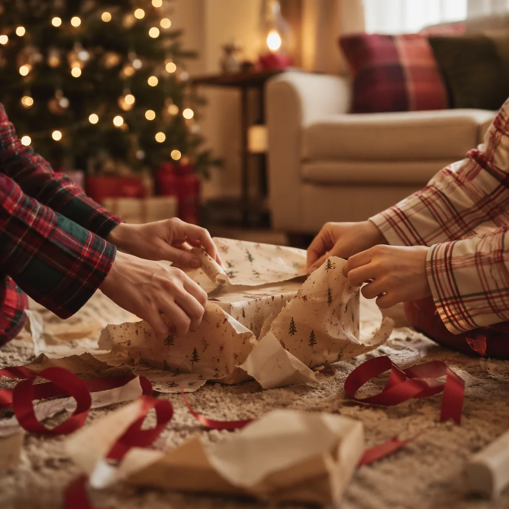 Christmas Morning Gift Unwrapping Close-Up