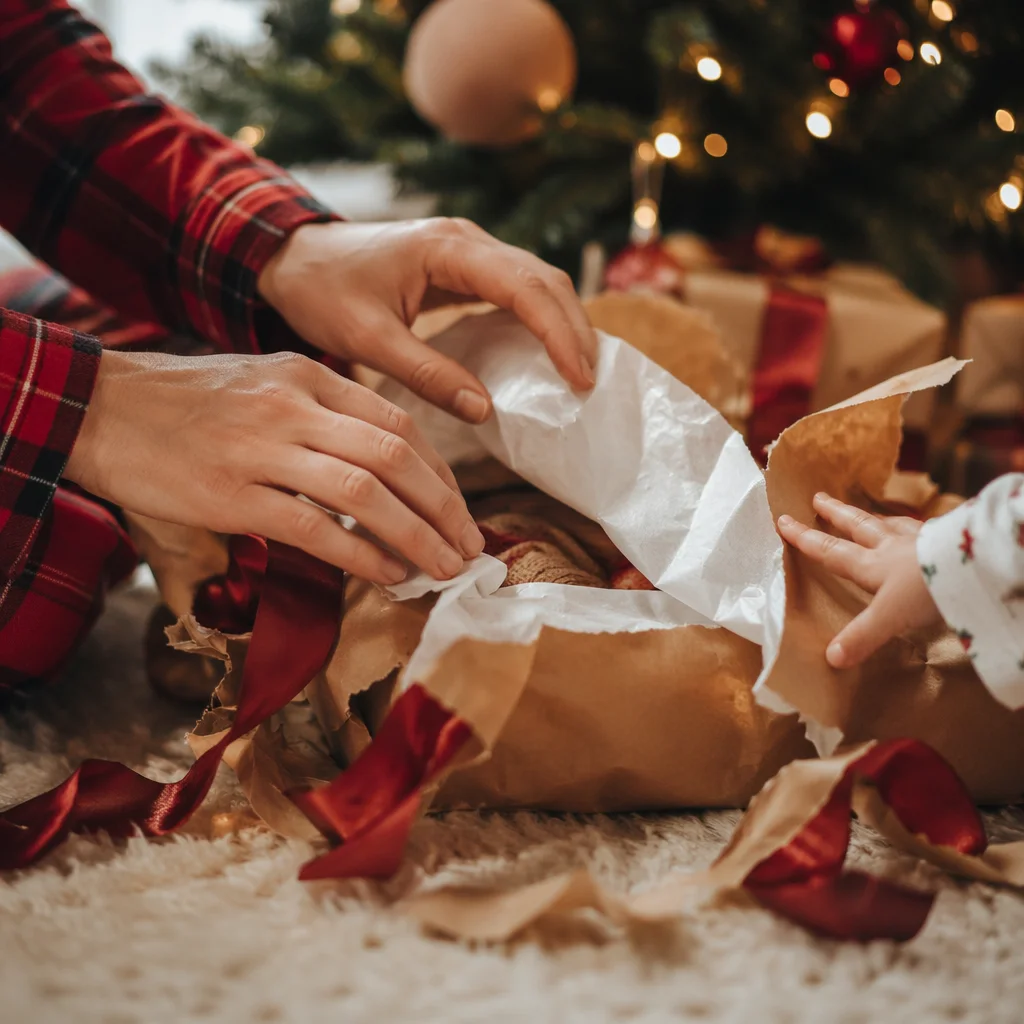 Christmas Morning Gift Unwrapping Close Up