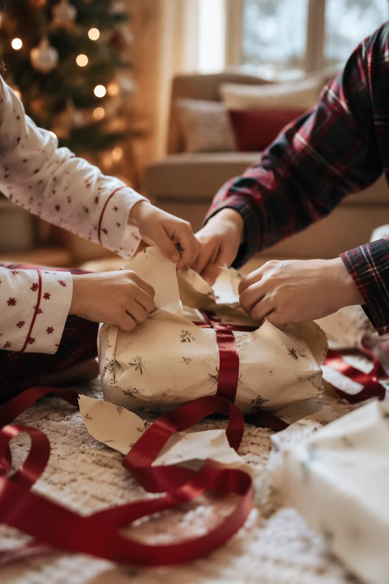Christmas Morning Gift Unwrapping Close-Up