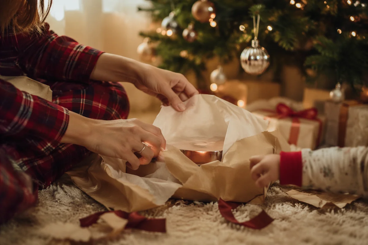 Christmas Morning Gift Unwrapping Close-Up
