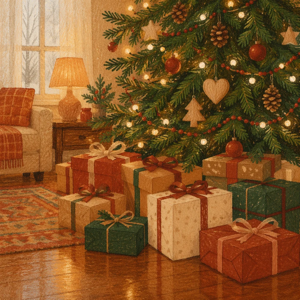 Festive Christmas Presents Beneath Evergreen Tree