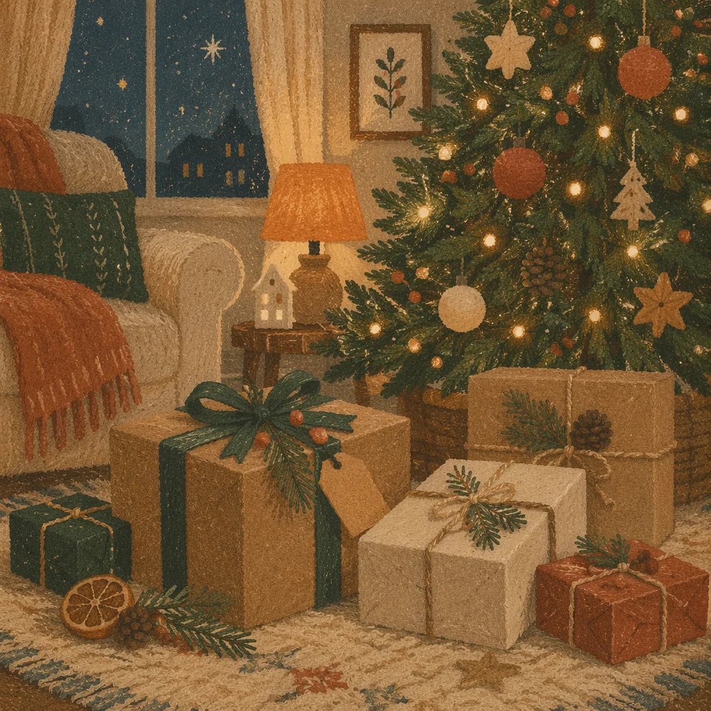 Cozy Christmas Presents Beneath Evergreen Tree