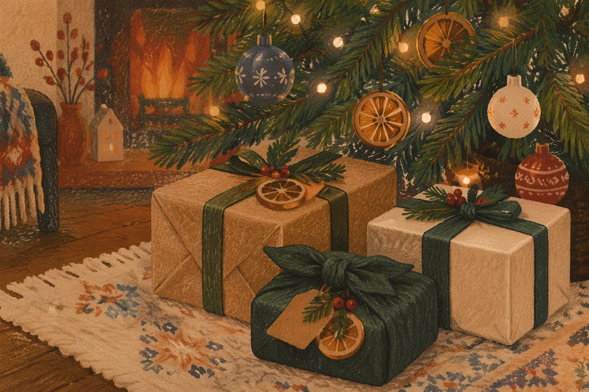Cozy Christmas Presents Beneath Evergreen Tree