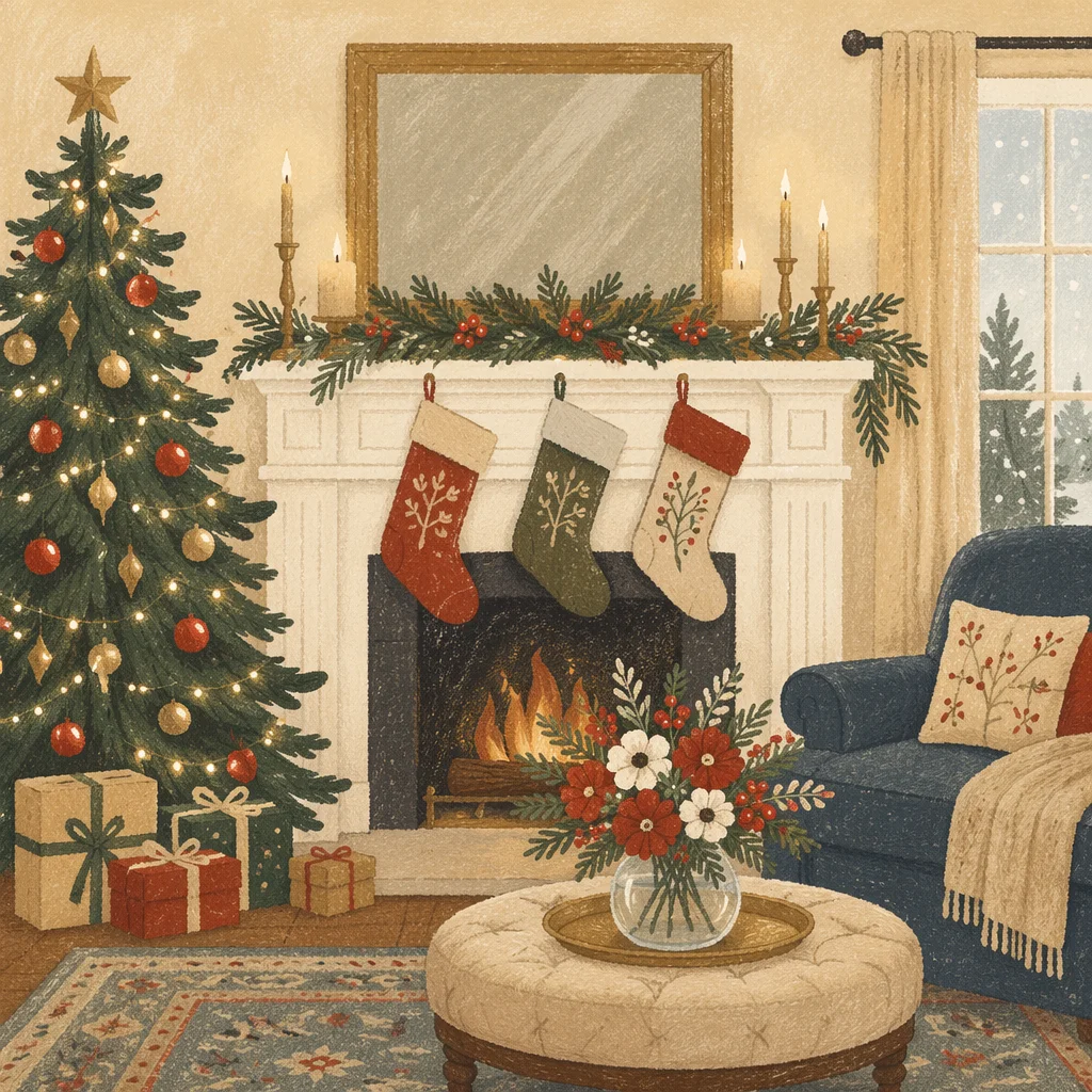 Christmas Stockings on Cozy Fireplace Mantel