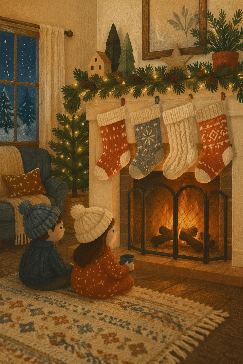 Cozy Christmas Stockings on Rustic Fireplace Mantel