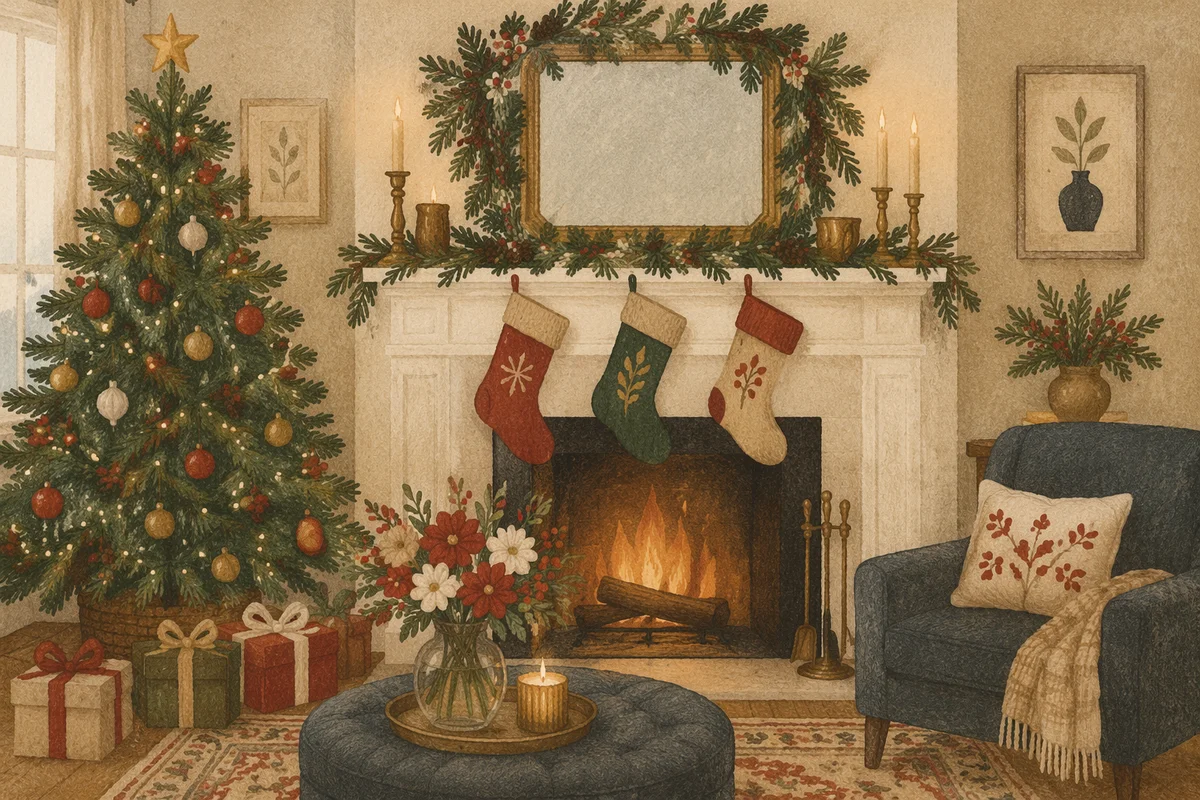 Christmas Stockings on Cozy Fireplace Mantel