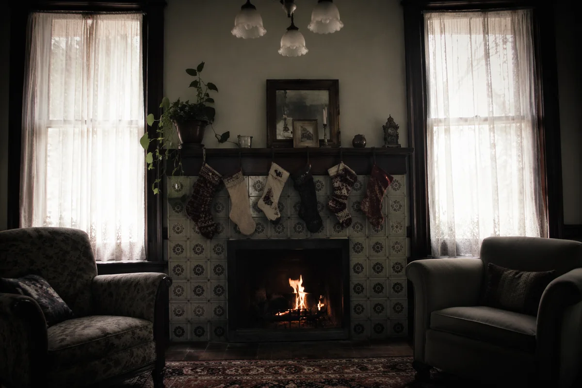 Vintage Christmas Stockings on Fireplace Mantle