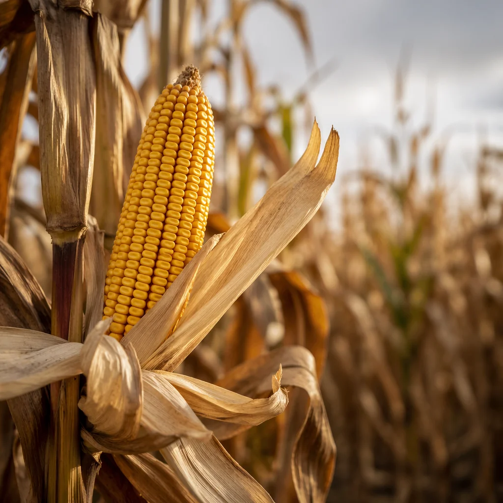 Ripe Corn Cob in Autumn Field