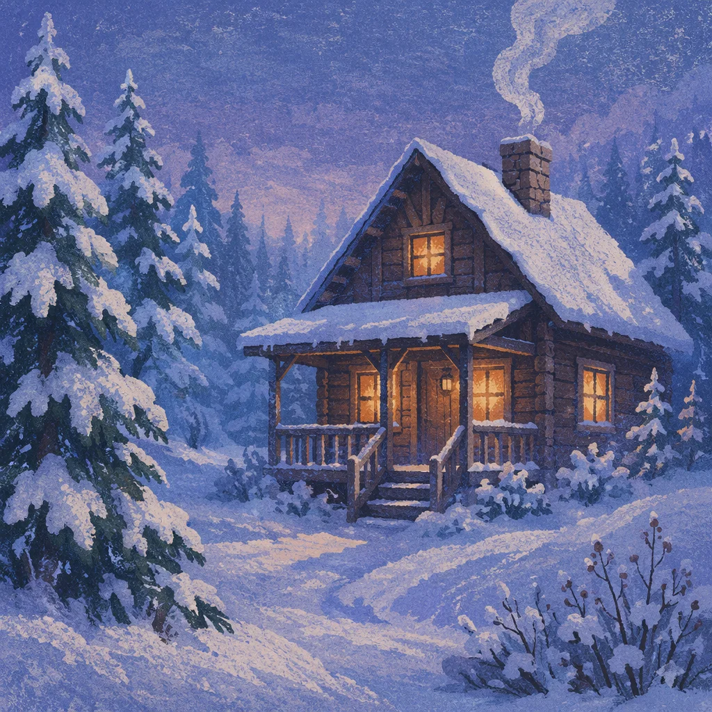 Cozy Snow Covered Cabin at Blue Hour