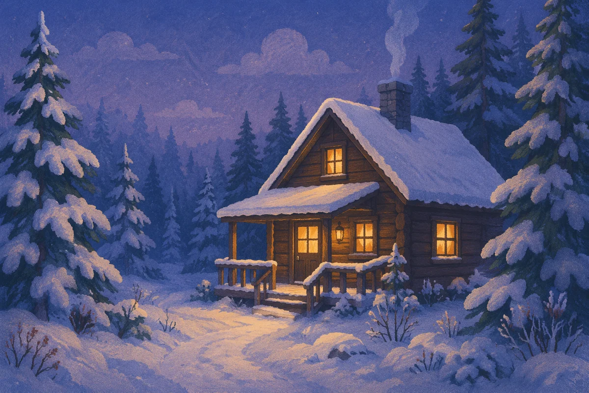 Cozy Snow Covered Cabin at Blue Hour